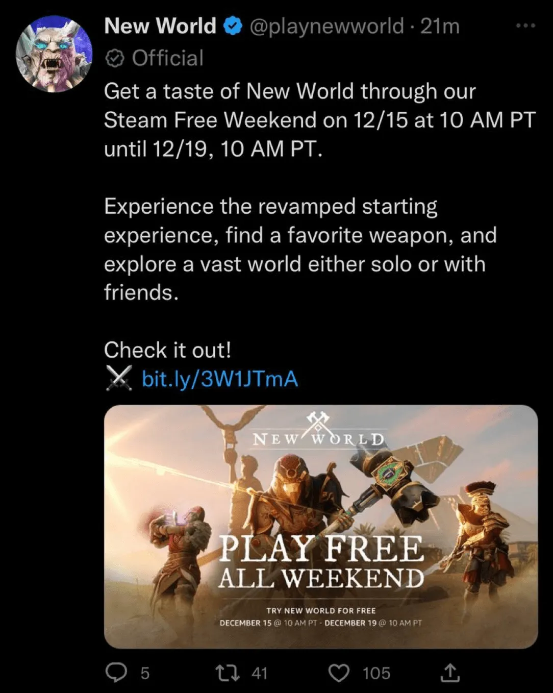 Announce of New World steam free weekend on Twitter