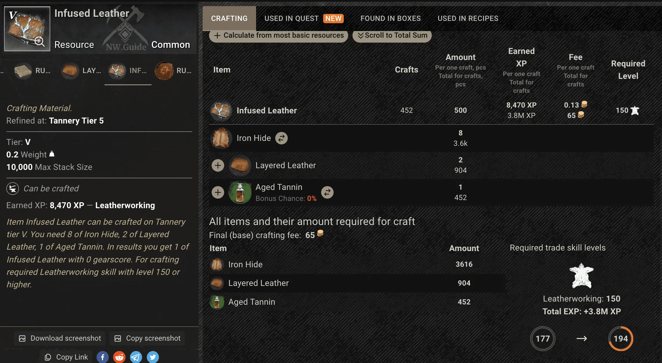 Example of craft calculation for 500 Infused Leather with Leatherworking at 150 (and as you can see after crafting you will reach lvl194 of Leatherworking. Yes, adventures who stopped playing at the start of 2022. AGS hugely reduced the amount of EXP needed