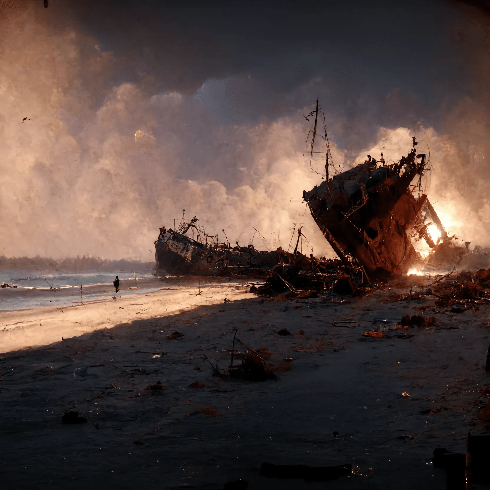 Parts of ships washed up on a sandy beach - lore of the Aeternum and New World